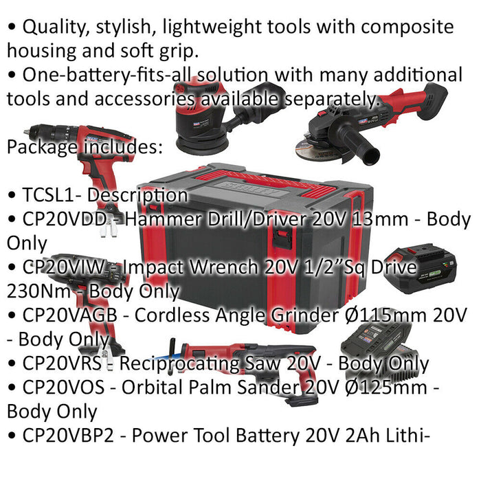 9 Piece 20V Cordless Power Tool Bundle - 2 x Batteries & Charger - Toolbox Loops