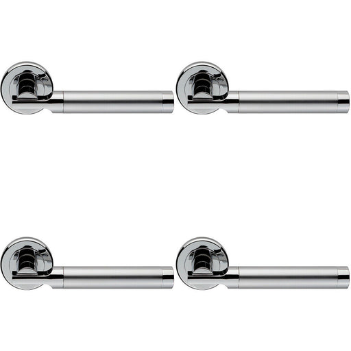 4x PAIR Round Bar Handle on Chamfered Edged Round Rose Satin & Polished Chrome Loops