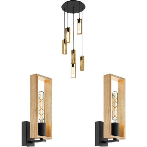 Ceiling Pendant Light & 2x Matching Wall Lights Black & Wood Box Feature Lamp Loops
