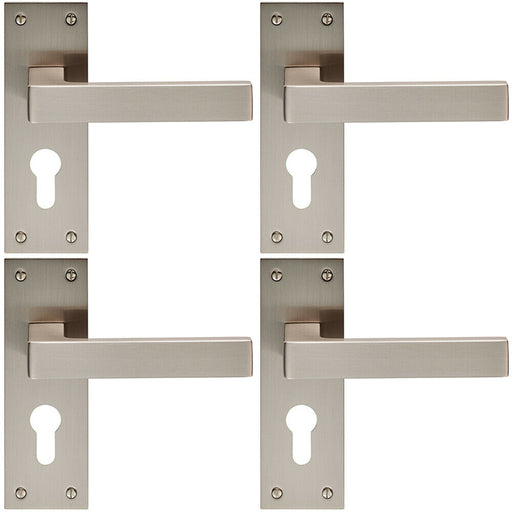4x PAIR Straight Square Handle on Euro Lock Backplate 150 x 50mm Satin Nickel Loops