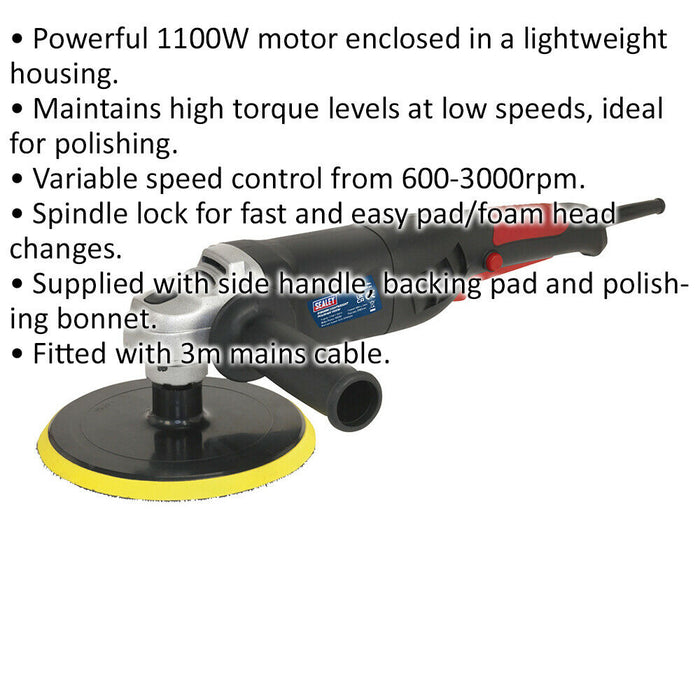 180mm Lightweight Polisher - 600 to 3000 rpm Variable Speed - 1100W Motor Loops