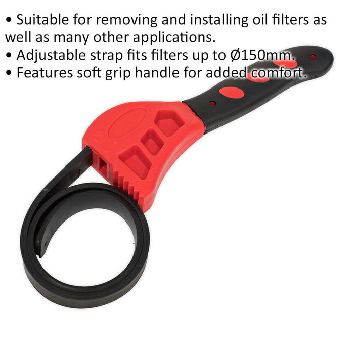 150mm Adjustable Strap Wrench - Soft Grip Handle - Oil Filter Removal Strap Loops