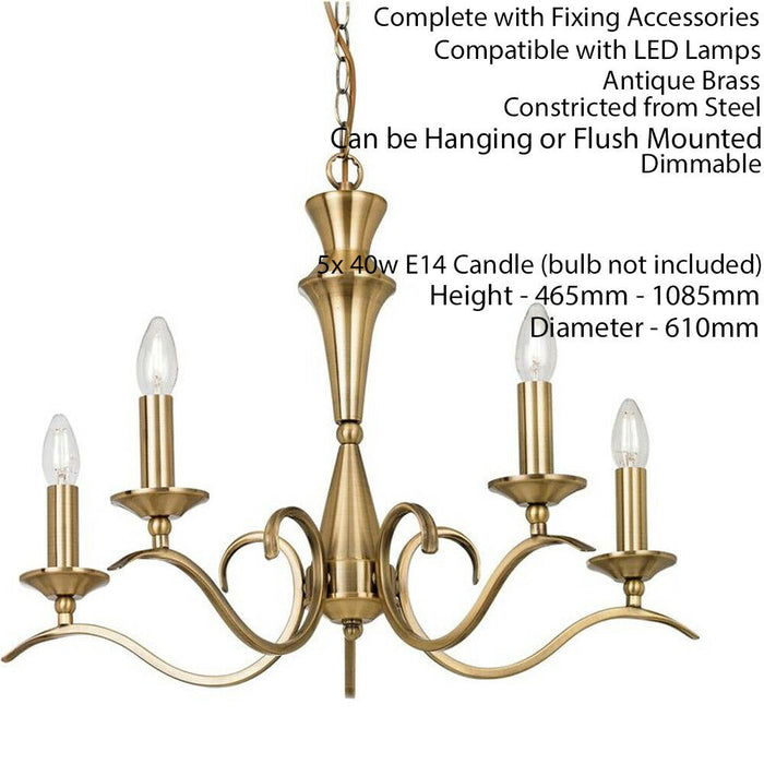 Hanging Flush Ceiling Pendant 5 Light ANTIQUE BRASS Chandelier Lamp Bulb Holder Loops