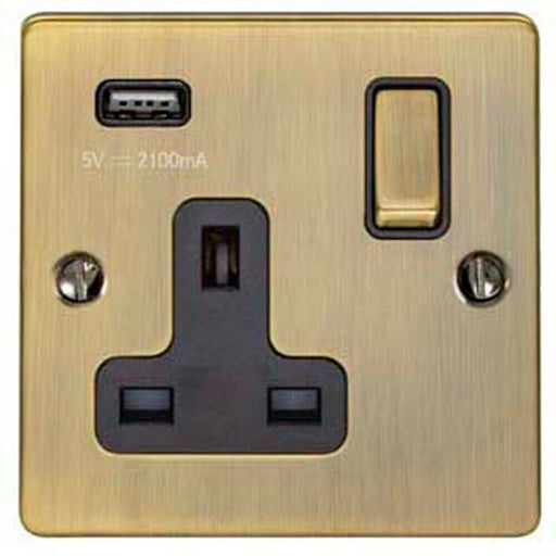 1 Gang Single UK Plug Socket & 2.1A USB Charger ANTIQUE BRASS 13A Switched Loops