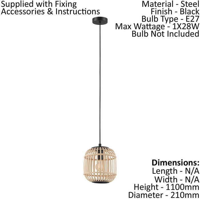 Hanging Ceiling Pendant Light Black & Wicker Cage 1x 28W E27 Feature Lamp Loops