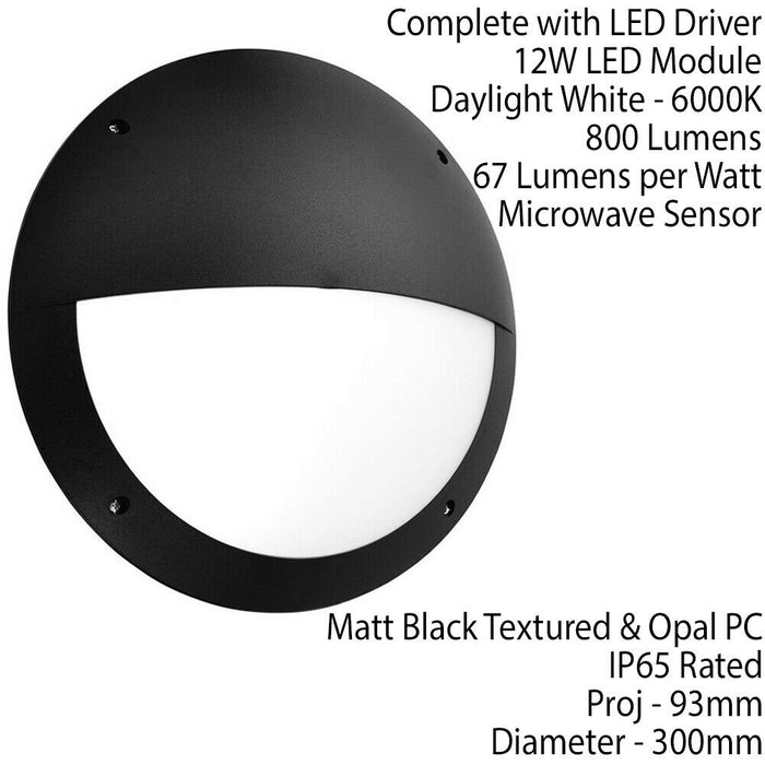 IP65 Outdoor Bulkhead Lamp & Microwave Sensor Matt Black Eyelid 12W Daylight LED Loops