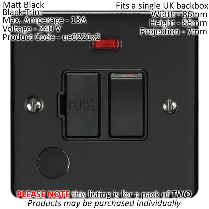 2 PACK 13A DP Switched Fuse Spur & Flex Outlet MATT BLACK & Black Isolation Loops