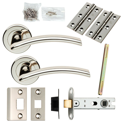 Door Handle & Latch Pack Polished Nickel Arched Lever Screwless Round Rose Loops
