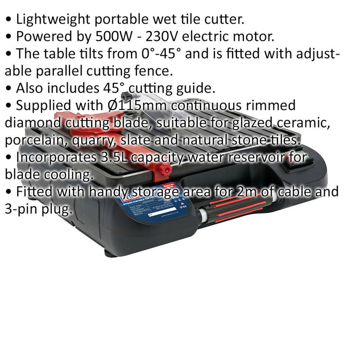 115mm Portable Tile Cutter - 230V 500W - 0 to 45 Degree Mitre 3.5L Water Cooled Loops