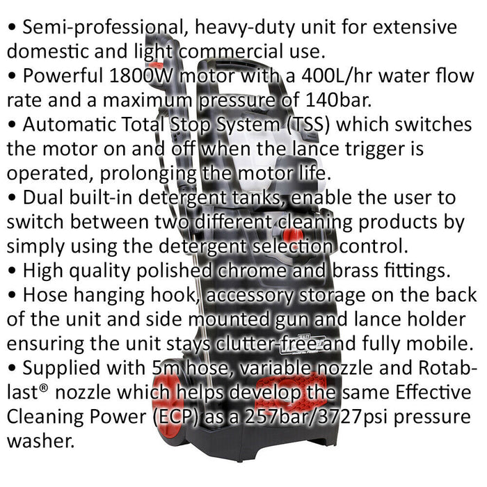 Premium Pressure Washer with Total Stop System & Rotary Jet Nozzle - 10m Hose Loops