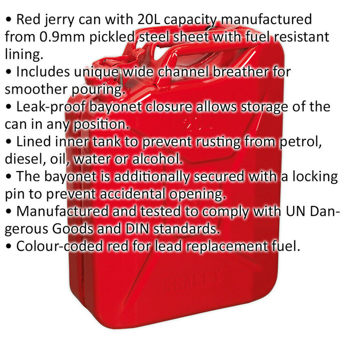 20 Litre Jerry Can - Leak-Proof Bayonet Closure - Fuel Resistant Lining - Red Loops