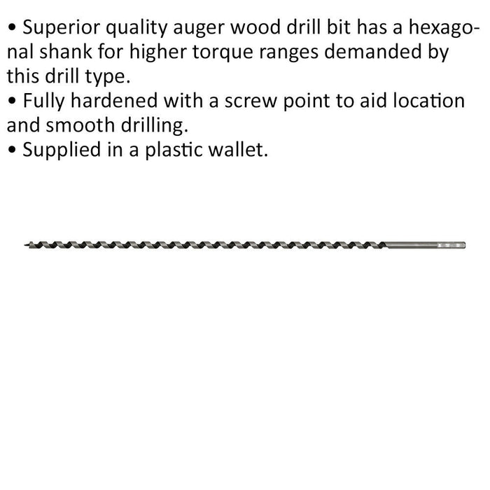 10 x 600mm Hardened Auger Wood Drill Bit - Hexagonal Shank - Woodwork Timber Loops