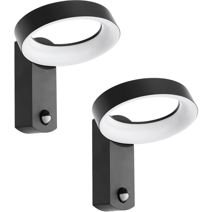 2 PACK IP44 Outdoor Wall Light & PIR Sensor Anthracite Ring Lamp 11W LED Loops