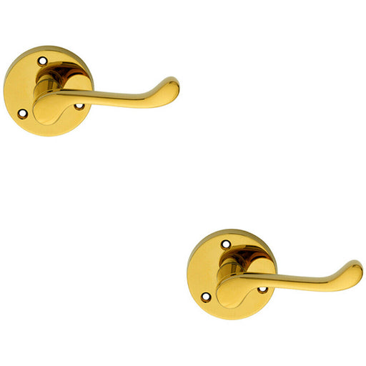 2x PAIR Victorian Scroll Lever on 58mm Round Rose Polished Brass Door Handle Loops