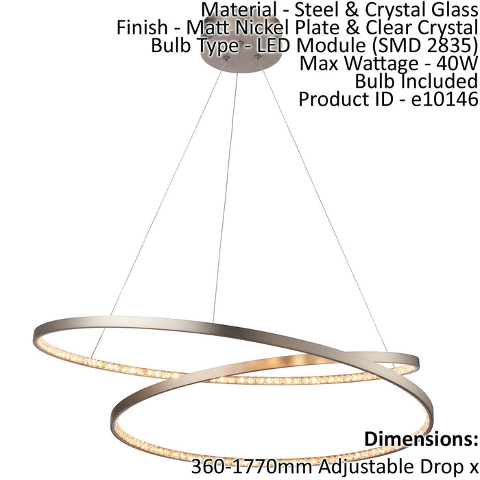 Ceiling Pendant Light Matt Nickel & Clear Crystal 40W LED Bulb Included
