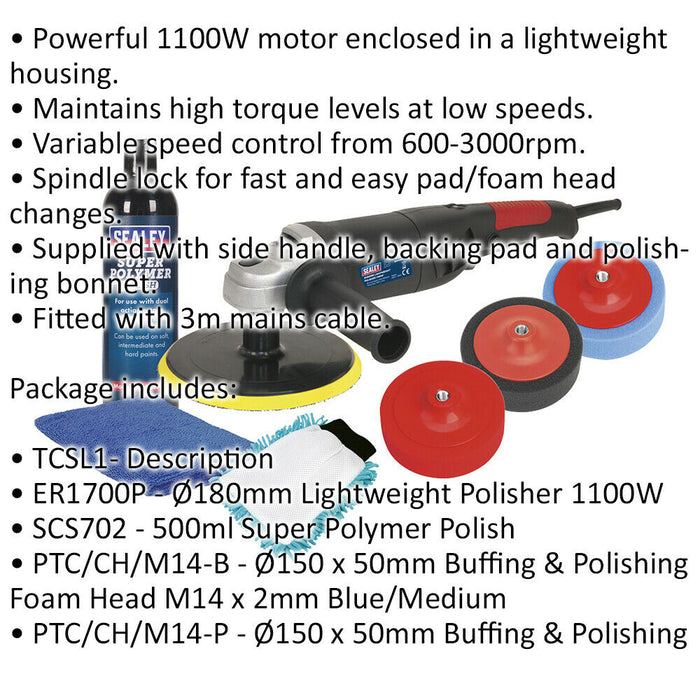 PREMIUM 180mm Electric Polisher Kit - 230V 1100W - 3x Car Foam Buffing Heads Loops