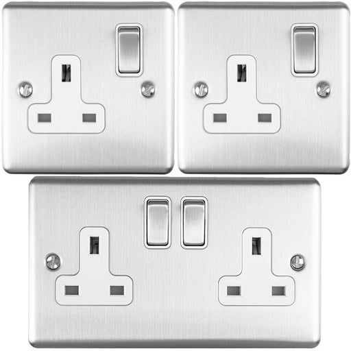 UK Plug Socket Pack -1x Twin & 2x Single Gang- SATIN STEEL / Grey 13A Switched Loops