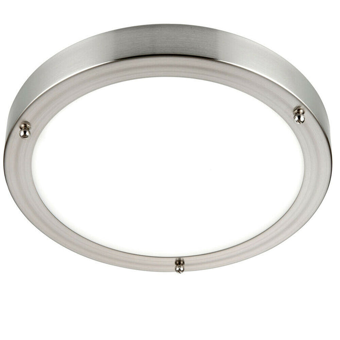 Flush Bathroom Ceiling Light Satin Nickel IP44 Round LED Cool White Lamp Fitting Loops