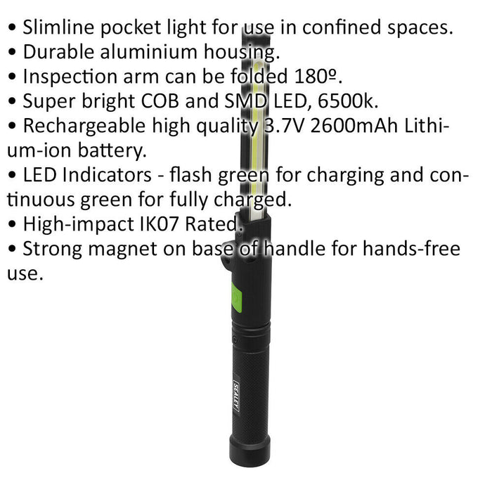 Aluminium Folding Pocket Light - 2 COB & 1 SMD LED - Rechargeable - Magnetic Loops