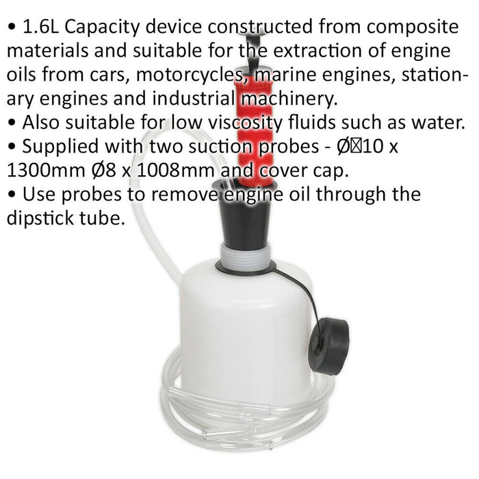 Manual Vacuum Oil & Fluid Extractor - 1.6L Capacity - Dipstick & Suction Probes Loops