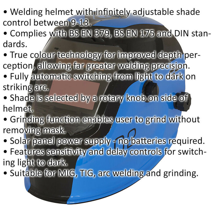 Blue Auto Darkening Welding Helmet - Shade Variable Control - Grinding Function Loops