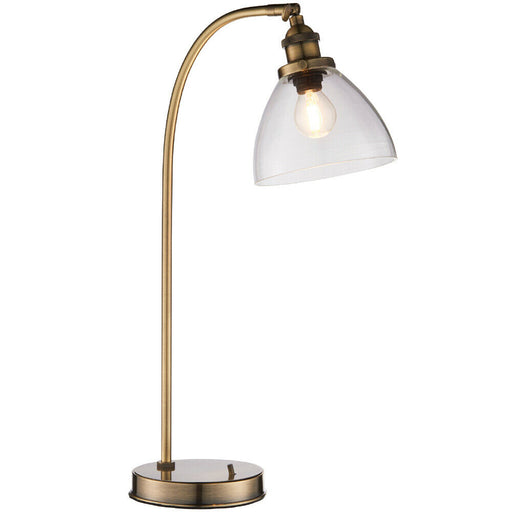 Industrial Curved Table Lamp Antique Brass & Glass Shade Modern Bedside Light Loops