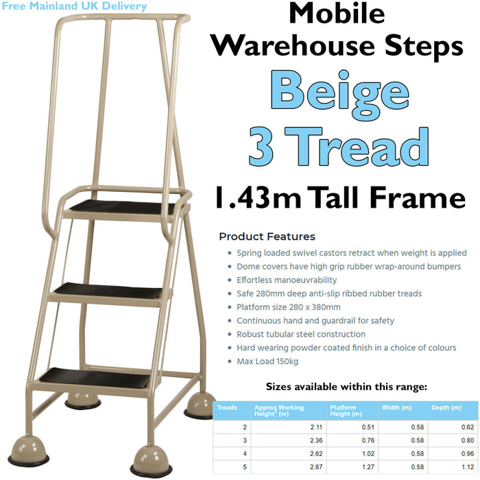 3 Tread Mobile Warehouse Steps BEIGE 1.43m Portable Safety Ladder & Wheels Loops