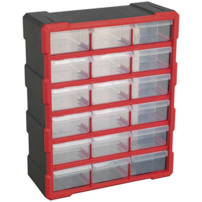 375 x 165 x 470mm 18 Drawer Parts Cabinet - RED - Wall Mounted / Standing Box Loops