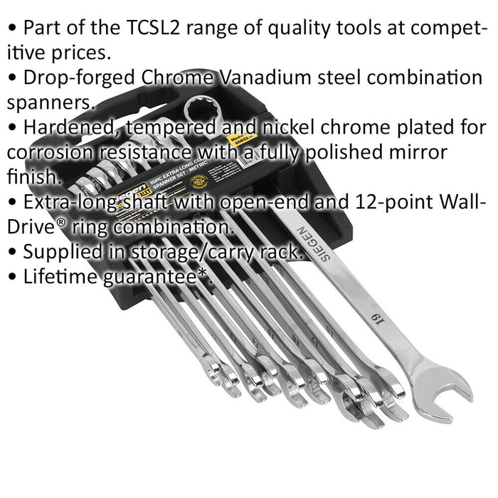 10pc EXTRA LONG Combination Hand Spanner Set - Metric 12 Point Slim Handle Ring Loops