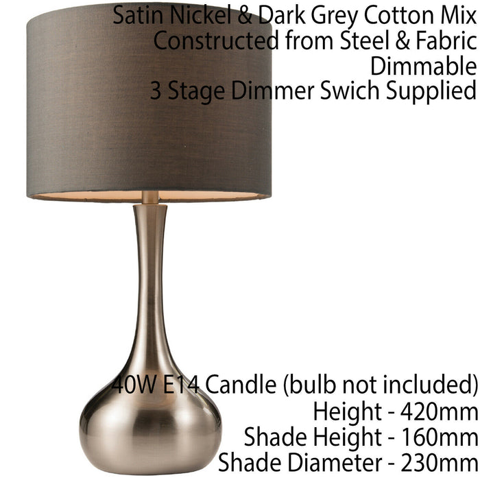 Touch Dimmer Table Lamp Satin Nickel & Grey Shade Modern Metal Bedside Light Loops