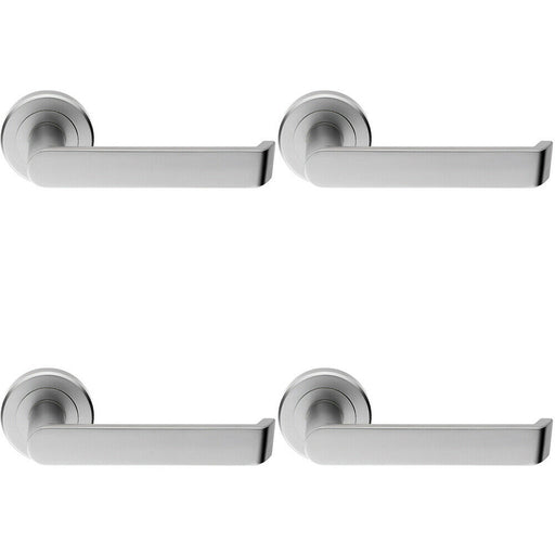 4x PAIR Flat Faced Lever on Round Rose Chamfered Edge Concealed Fix Satin Chrome Loops