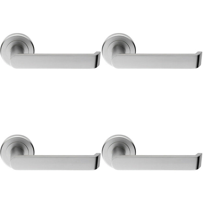 4x PAIR Flat Faced Lever on Round Rose Chamfered Edge Concealed Fix Satin Chrome Loops