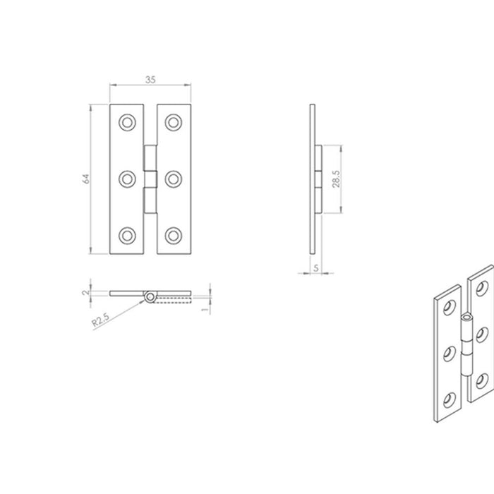 2x PAIR 63 x 38 x 2mm H Pattern Cabinet Hinge Polished Brass Cupboard Door Loops