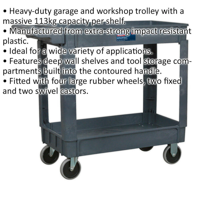 Heavy Duty 2 Level Composite Workshop Trolley - 113kg Per Shelf - Deep Wall Loops