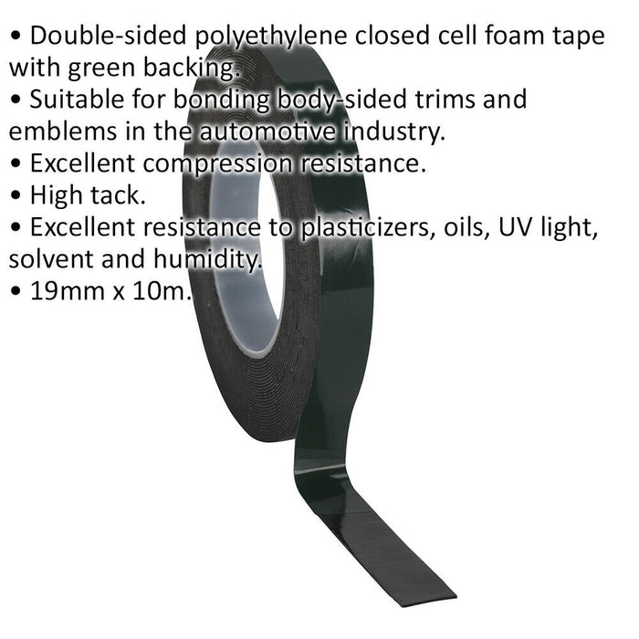 19mm x 10m Double-Sided Adhesive Outdoor Foam Tape - Green Backed - High Tack Loops