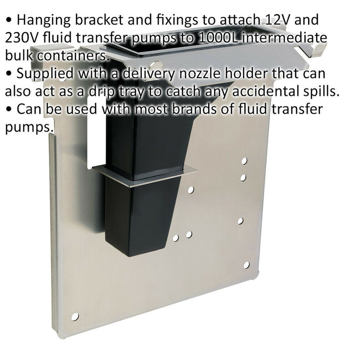 IBC Pump Mounting Bracket - Delivery Nozzle Holder & Drip Tray - Hanging Bracket Loops