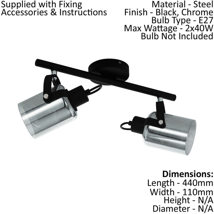 Flush Ceiling Light Black Chrome Shade Black Glass Vaporized Bulb E27 2x40W Loops