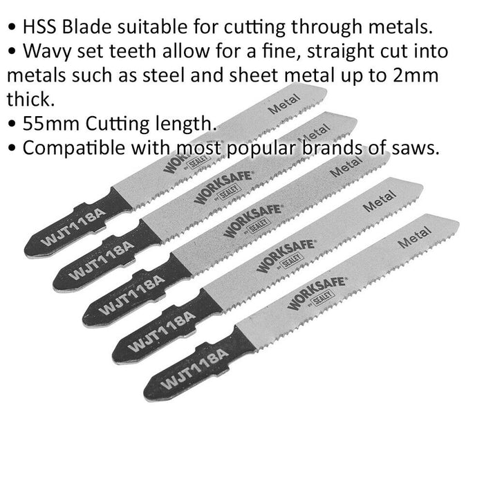 5 PACK 55mm HSS Metal Jigsaw Blade - 21 TPI - Wavy Set Teeth - Metal Saw Blade Loops