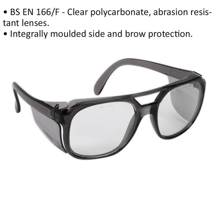 Clear Safety Spectacles - Moulded Side & Brow Protection - Abrasion Resistant Loops