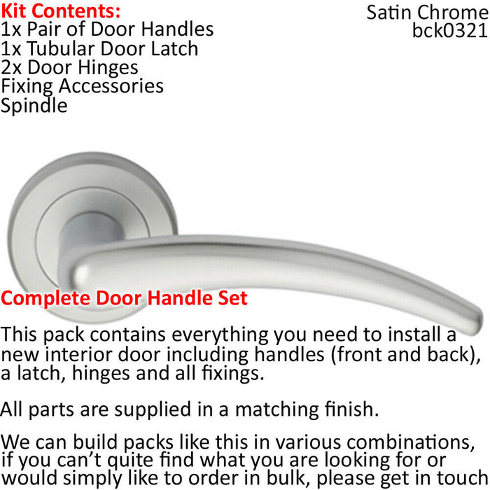 Door Handle & Latch Pack Satin Chrome Tapered Bar Lever Screwless Round Rose Loops