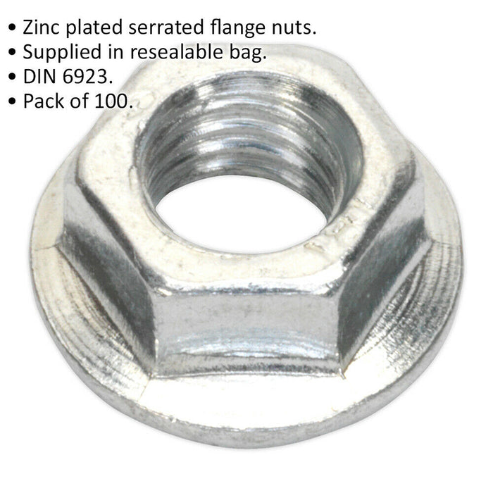 Pack of 100 Zinc Plated Serrated Flange Nut - 0.8mm Pitch - M5 - DIN 6923 Loops