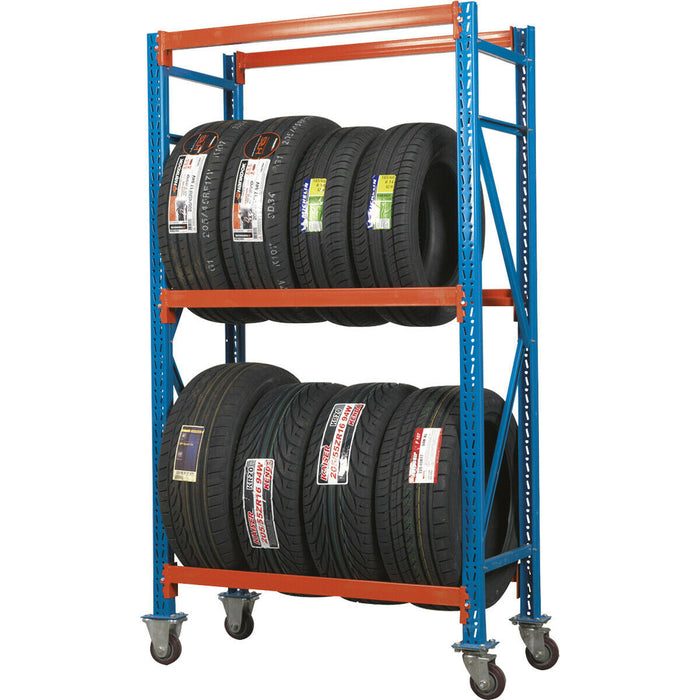 Two Level Mobile Tyre Rack - 200kg Per Level - Steel Construction - Wheeled Loops