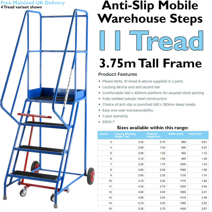 11 Tread Mobile Warehouse Stairs Anti Slip Steps 3.75m Portable Safety Ladder Loops