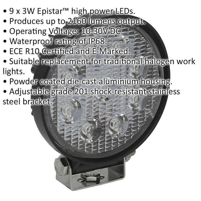 Waterproof Work Light & Mounting Bracket -27W SMD LED - 115mm Round Flash Torch Loops