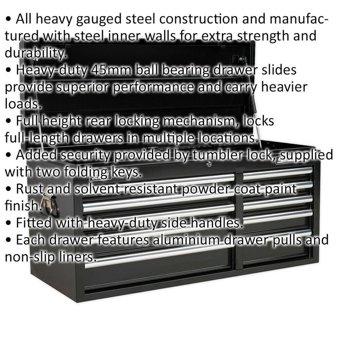 1025 x 435 x 495mm BLACK 10 Drawer Topchest Tool Chest Lockable Storage Cabinet Loops