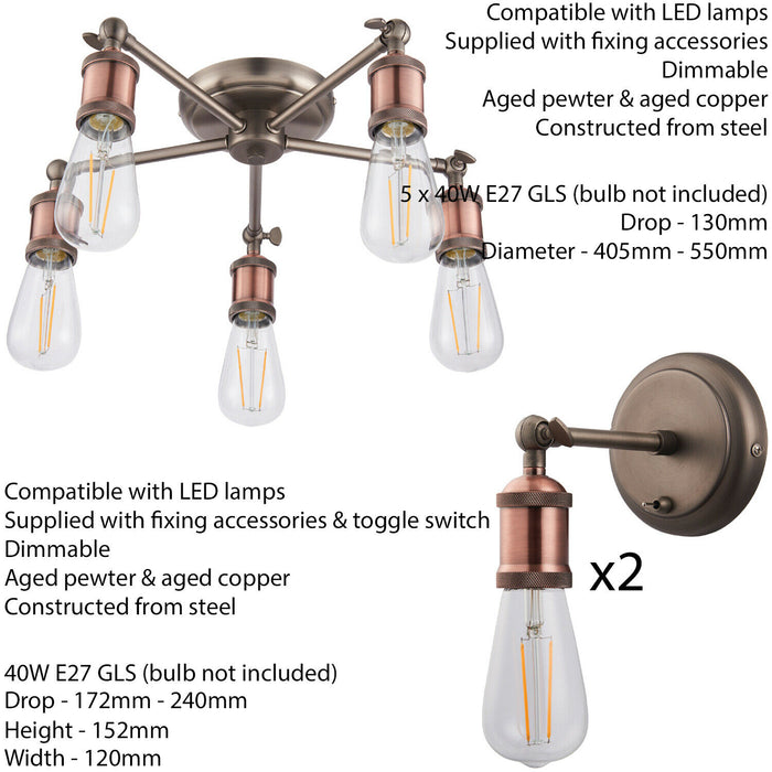 5 Lamp Ceiling Pendant & 2x Matching Wall Light Pack Tarnished Aged Copper Kit Loops