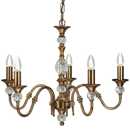 Diana Ceiling Pendant Chandelier Antique Brass & K9 Crystal Curved 5 Lamp Light Loops