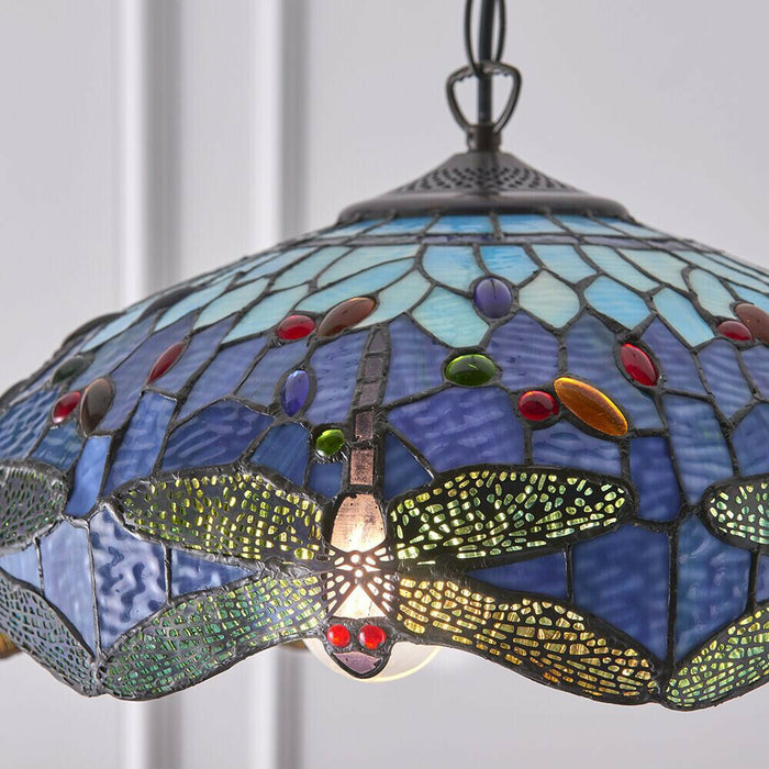 Tiffany Glass Hanging Ceiling Pendant Light Blue Dragonfly 3 Lamp Shade i00109 Loops