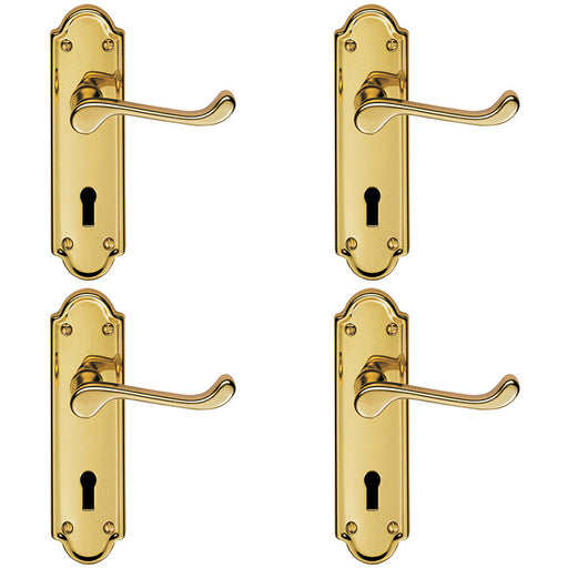 4x PAIR Victorian Upturned Handle on Lock Backplate 168 x 47mm Polished Brass Loops