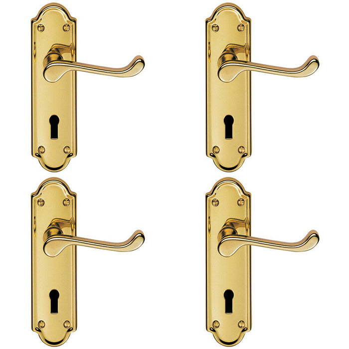 4x PAIR Victorian Upturned Handle on Lock Backplate 168 x 47mm Polished Brass Loops